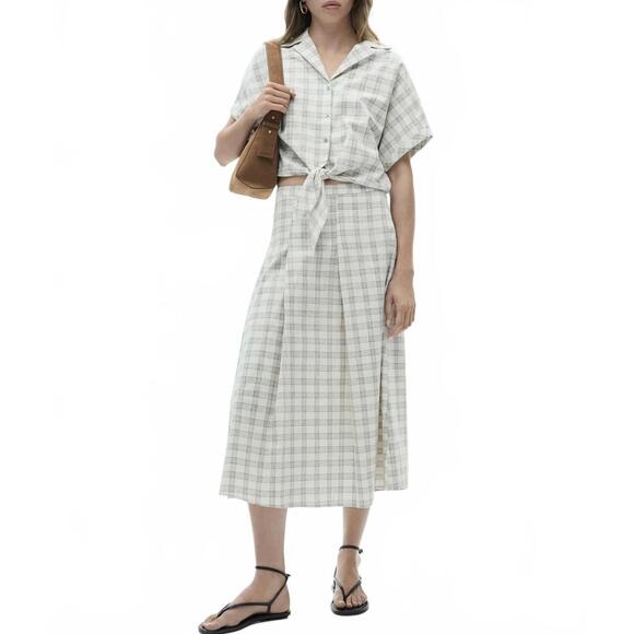 Mango 2-Piece Set Gingham Check Crop Top & Flared Skirt Ecru Beige Tan NWT Small - Picture 1 of 9